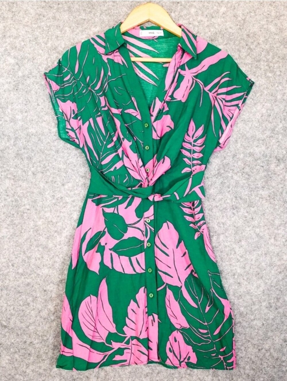 Mango Tropical Dress M Green Tropical Mini Shirt Front Knot Soft Girl Vacation